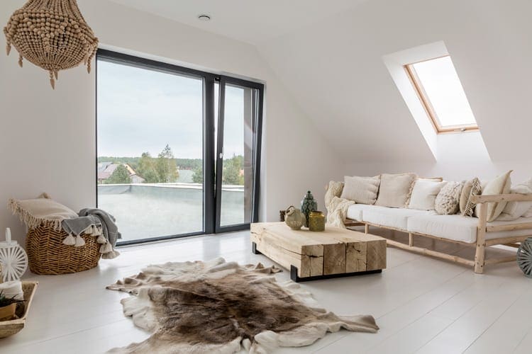 Rustige woonkamer met wit en beige